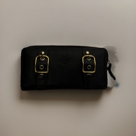 Vintage Coach Wallet Black Leather Zip Around Billfold Silver Buckles and Studs - Picture 1 of 6
